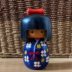 Vintage Japanese Kokeshi Doll – Blue Kimono with Red Bow – Handcrafted in Japan